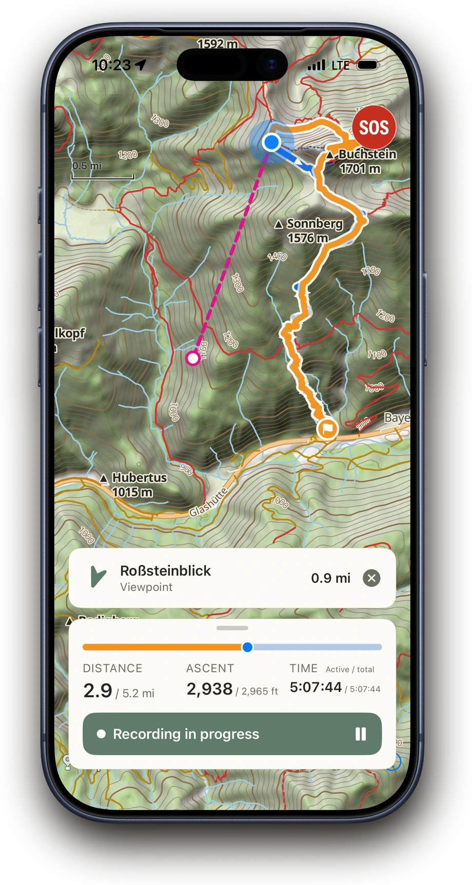 Above map with an active bearing to the Roßstein summit, 362 m away, while recording