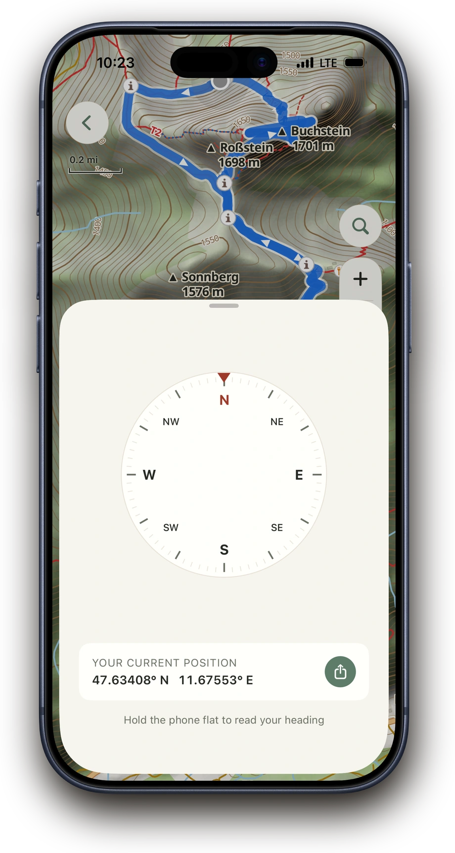 Above map with compass and your position while hiking