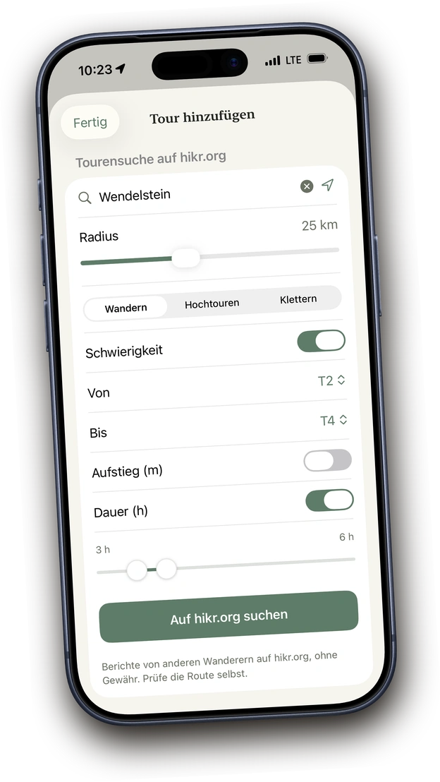 Tourensuche in Above mit hikr.org-Filtern