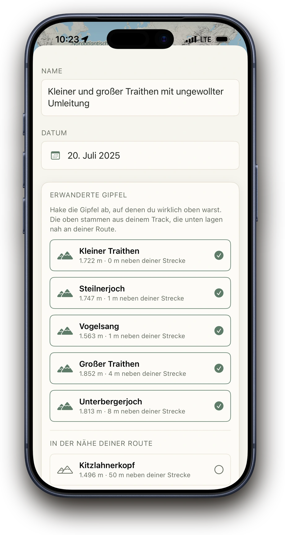 Above zeigt automatisch erkannte Gipfel einer Tour und einen weiteren Gipfel in der Nähe zum Hinzufügen