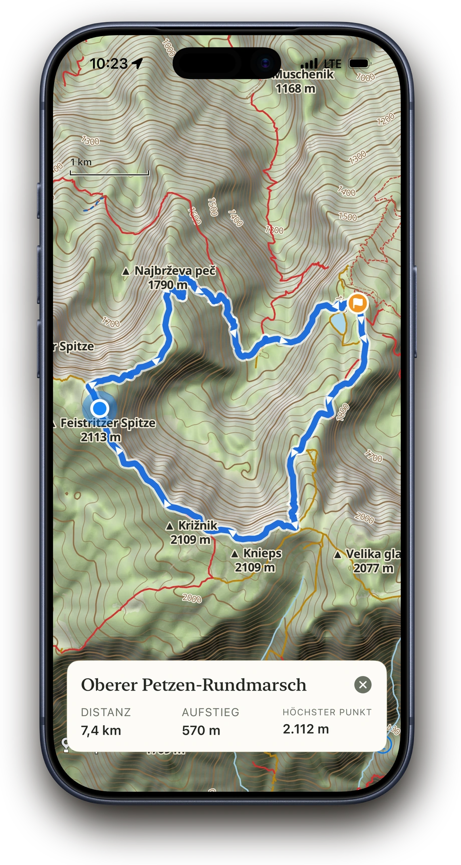 Geplante Rundtour offline auf der Above Karte mit Höhenrelief und Gipfeln