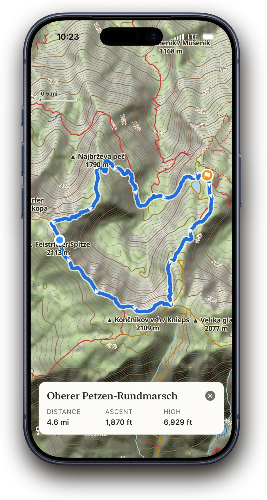 Planned loop offline on the Above map with hillshade relief and summits