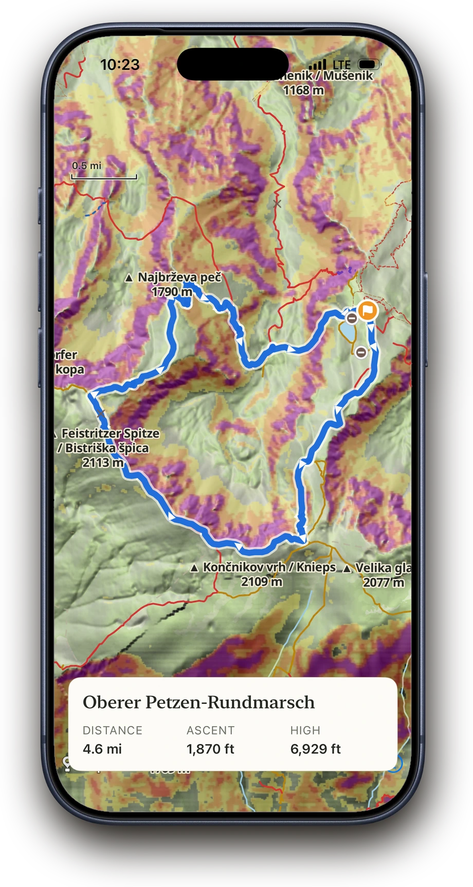 Oberer Petzen loop on the Above map with the slope-angle layer enabled