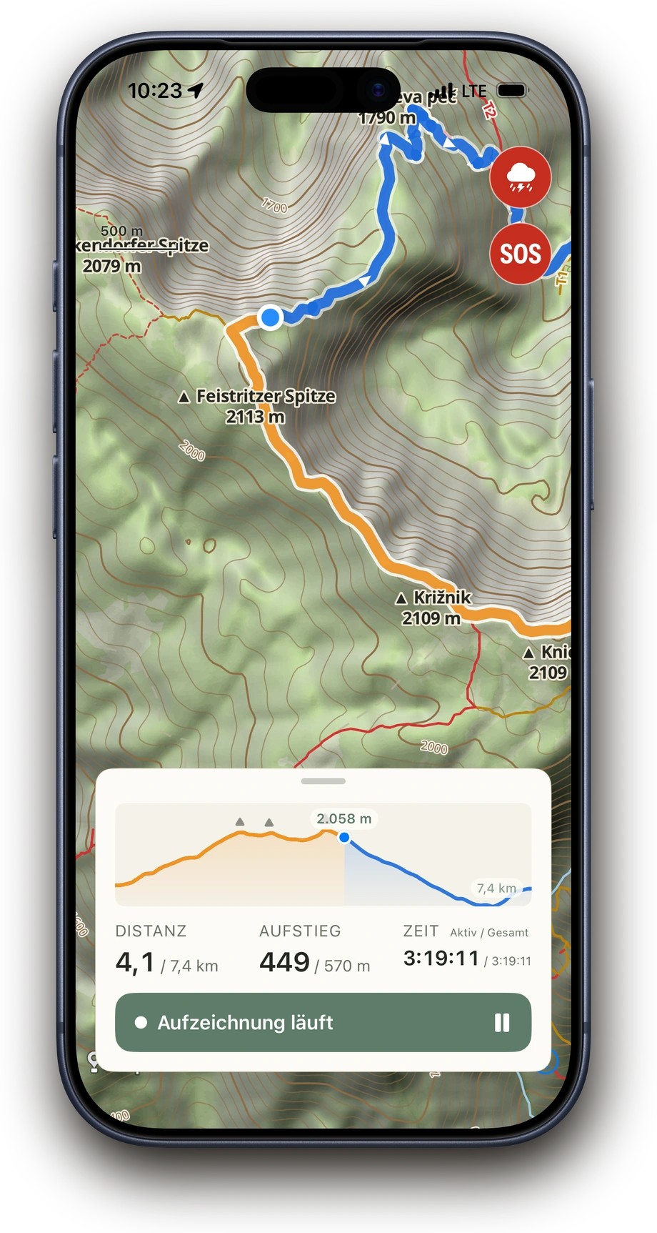 Above zeichnet eine Tour auf: hinten orange, vorne blau, Positionspunkt auf dem Track und aufgeklapptes Höhenprofil bei 4,2 von 8,4 km
