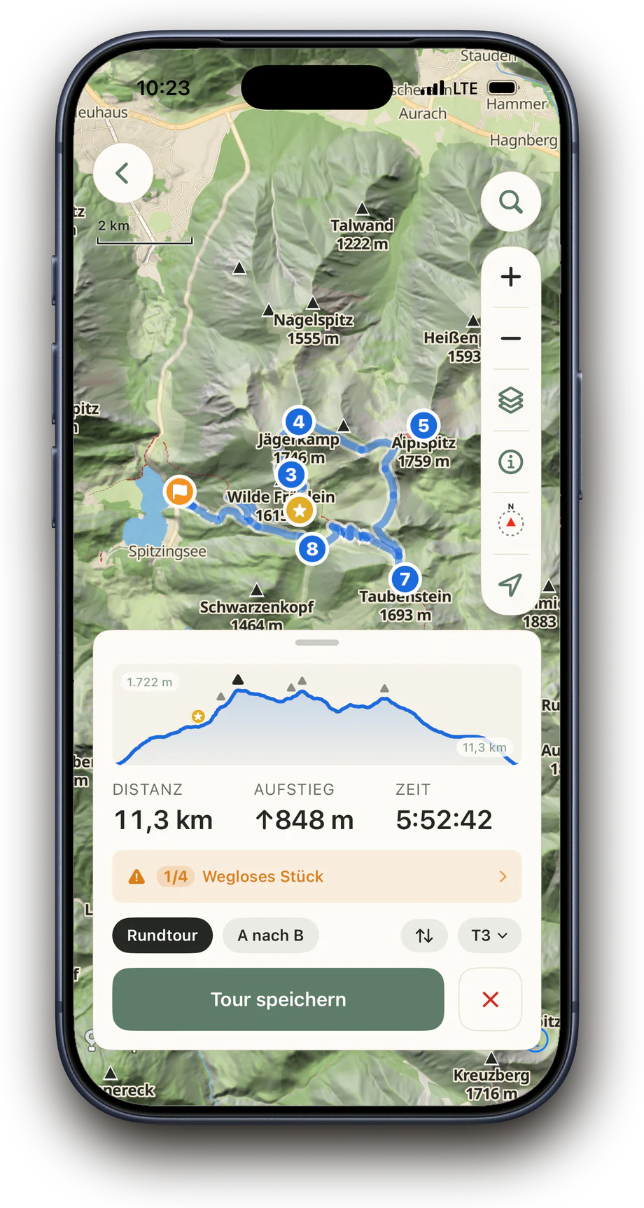 Rundtour in Above planen mit Wegpunkten, Höhenprofil und Wegschwierigkeit