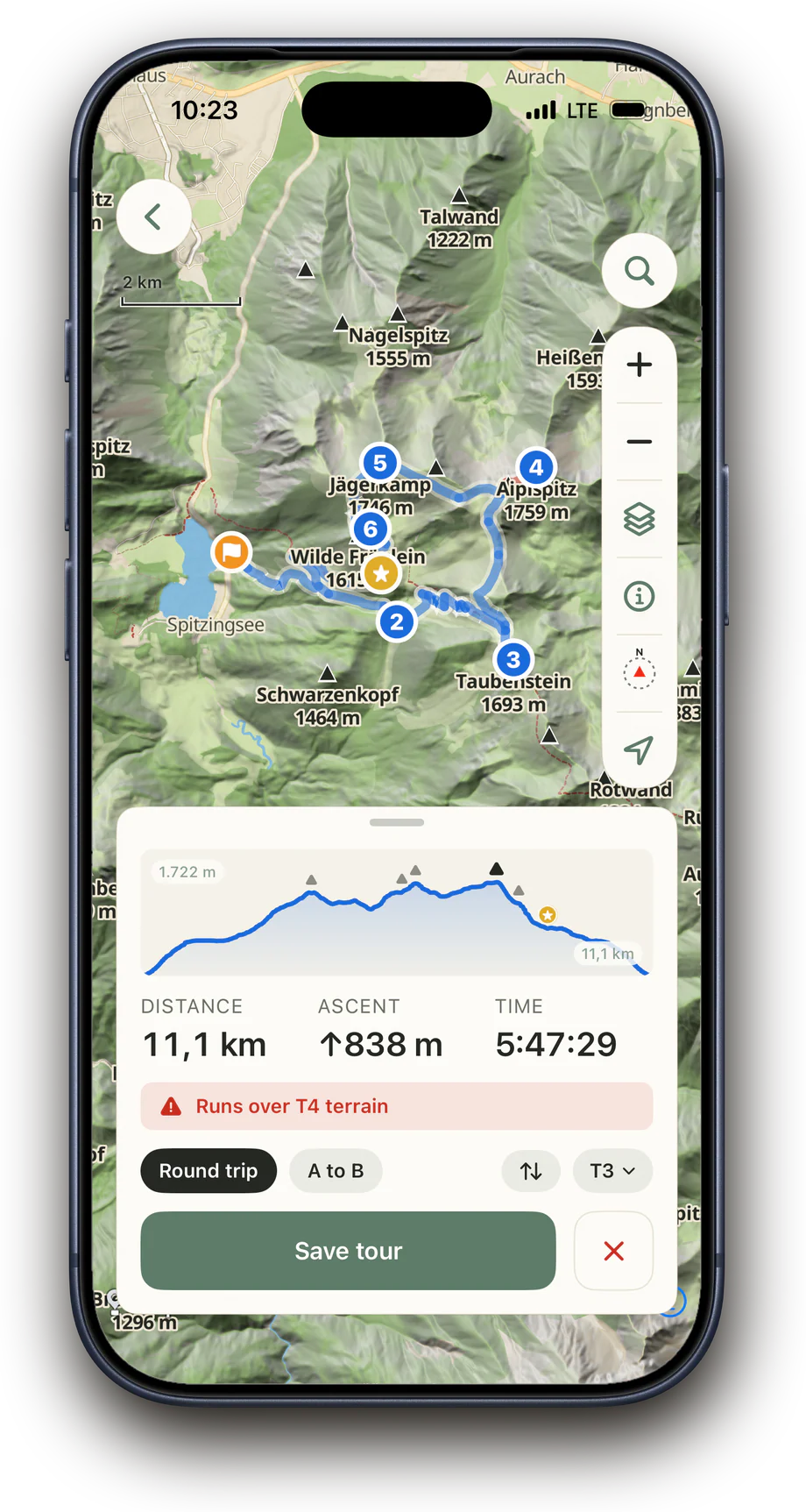 Planning a round trip in Above with waypoints, elevation profile and trail difficulty