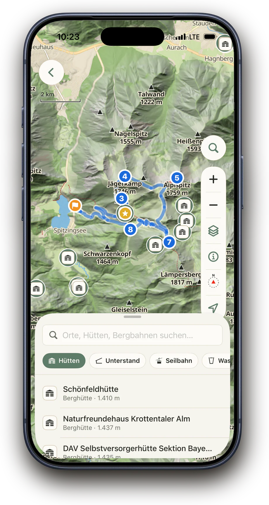 Hütte über die Ortssuche als Wegpunkt zur geplanten Tour in Above hinzufügen