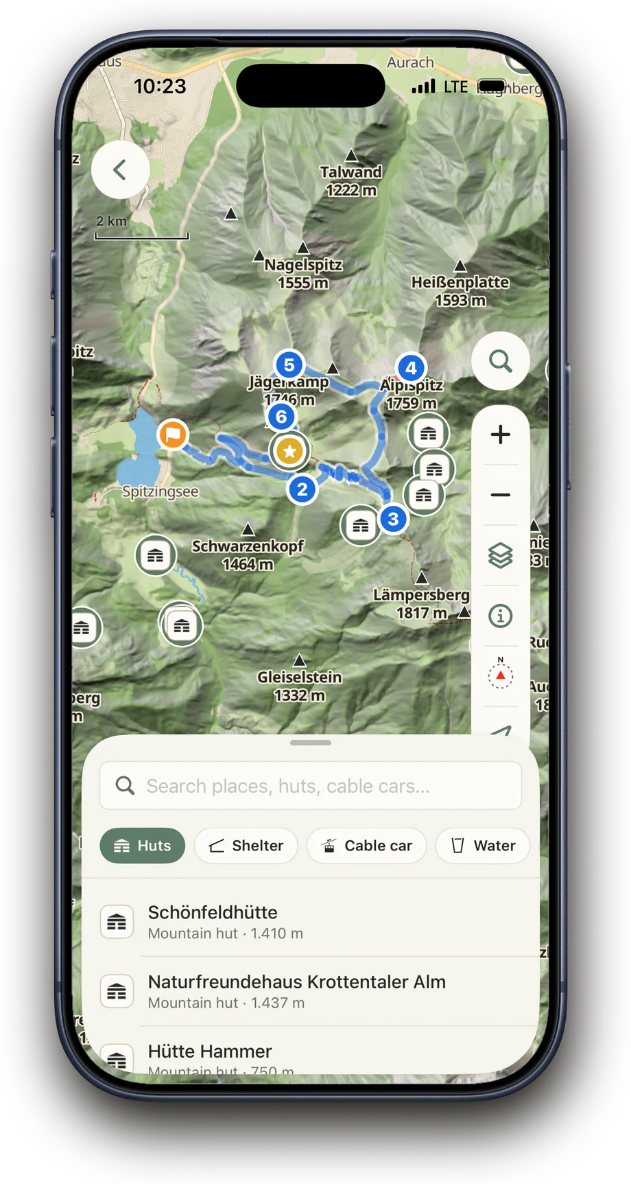 Adding a hut as a waypoint to a planned tour in Above using place search