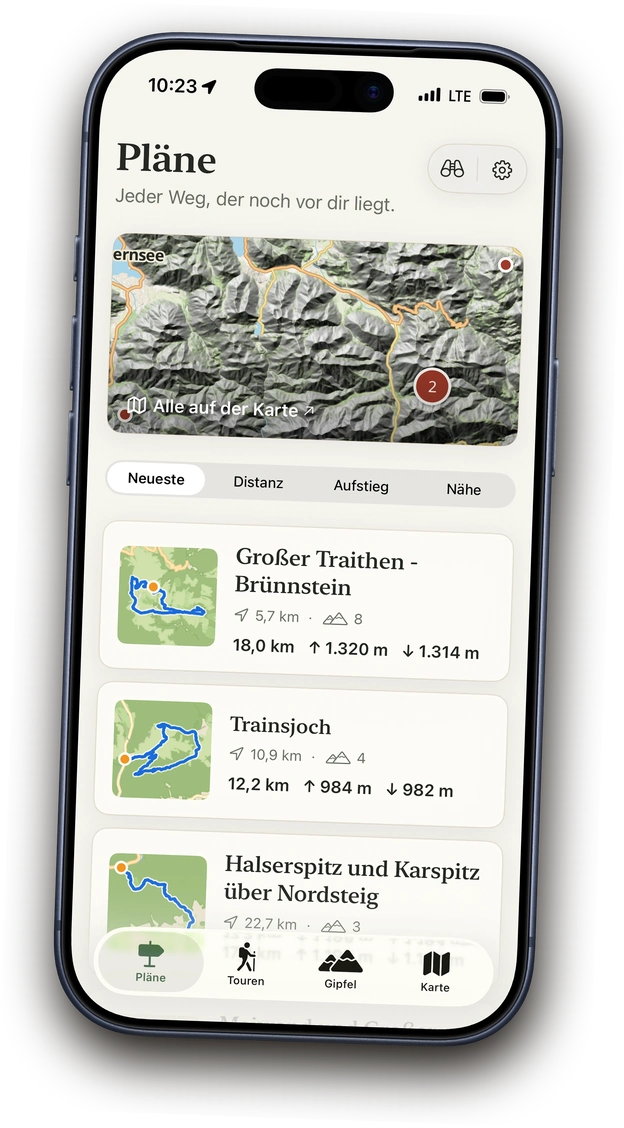 Geplante Touren in Above auf der Karte mit Routen-Pins