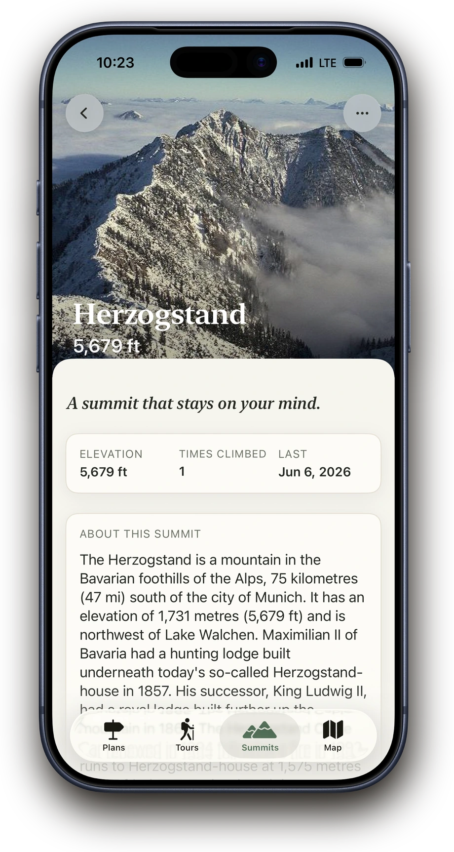 Herzogstand summit detail in Above with photo, elevation, note and ascents
