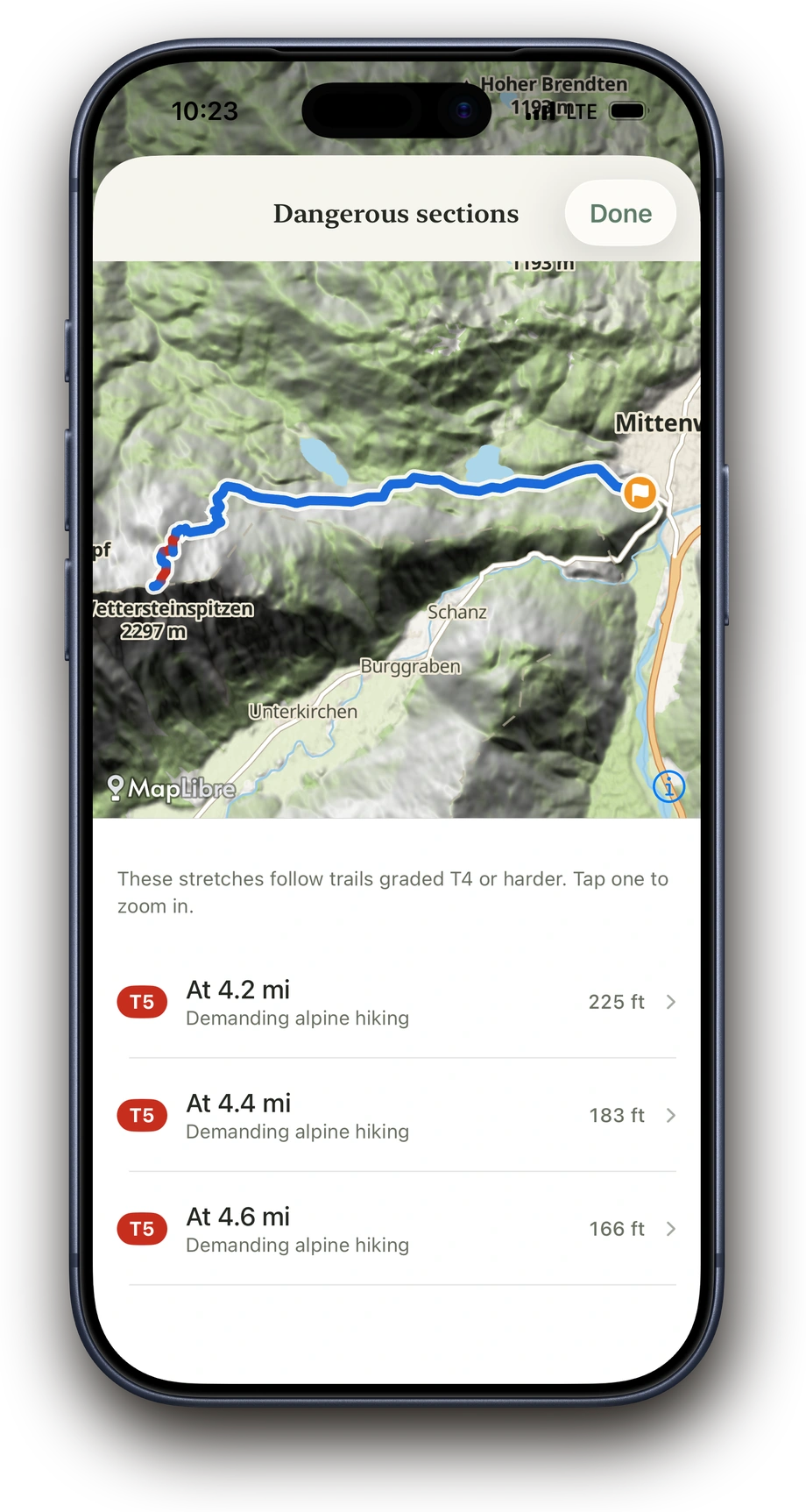 Dangerous sections of a planned tour in Above