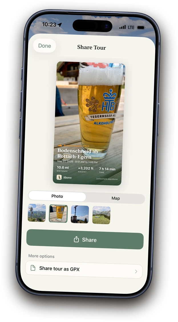 Sharing a tour in Above as an image or GPX