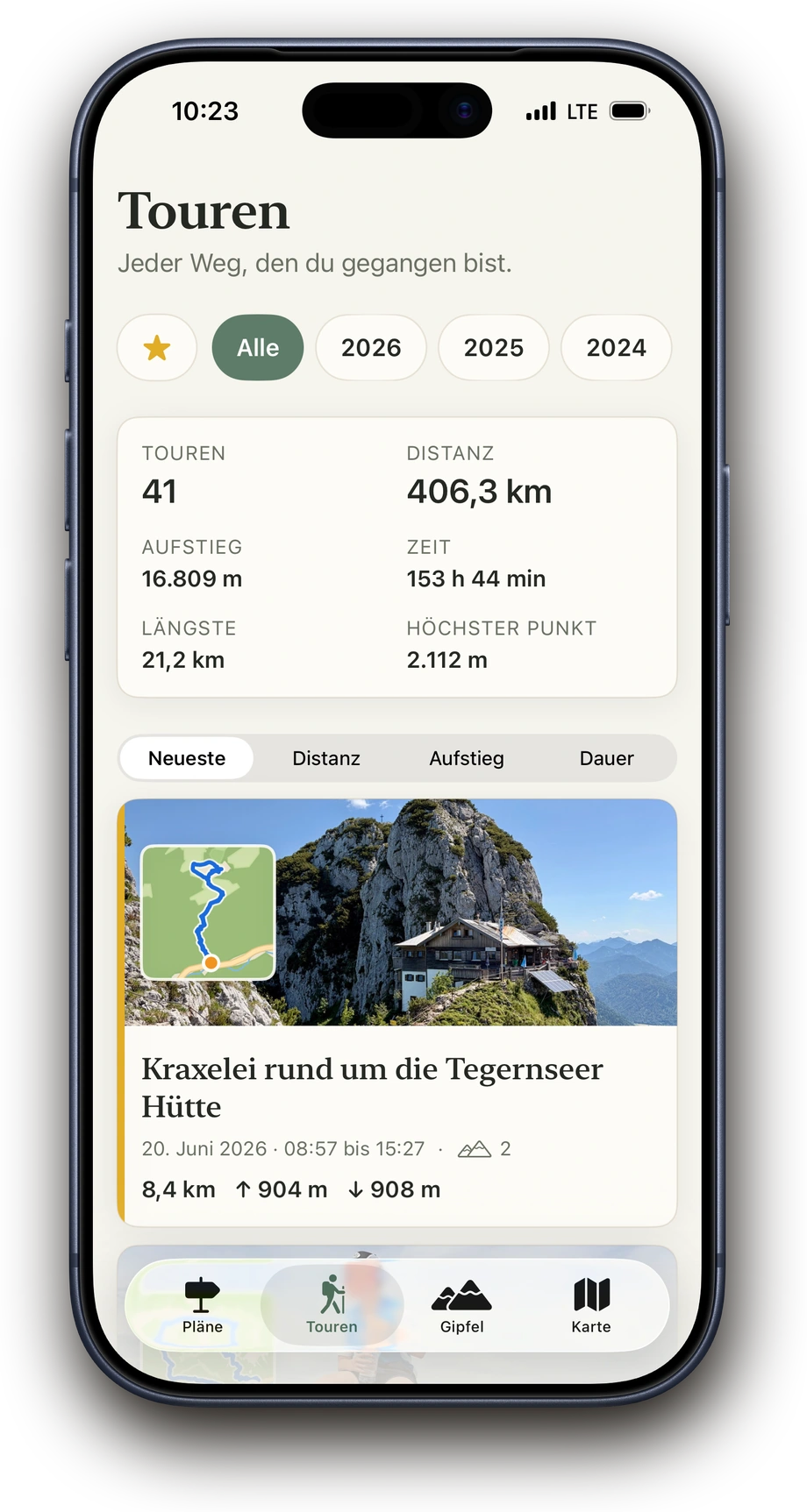 Tourenarchiv in Above mit Suche, Filter und Tourenliste
