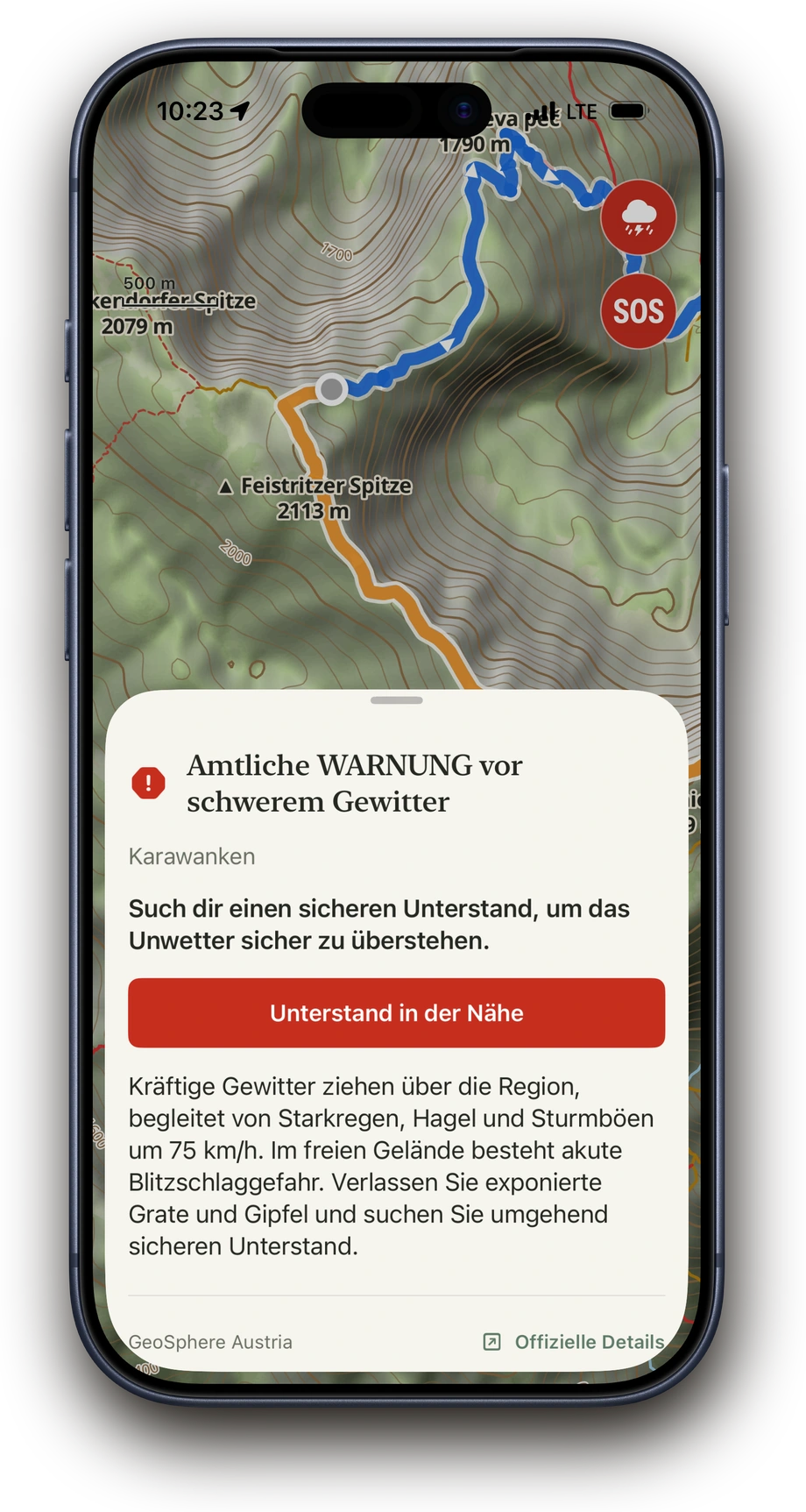 Above zeigt unterwegs eine Unwetterwarnung auf der Karte