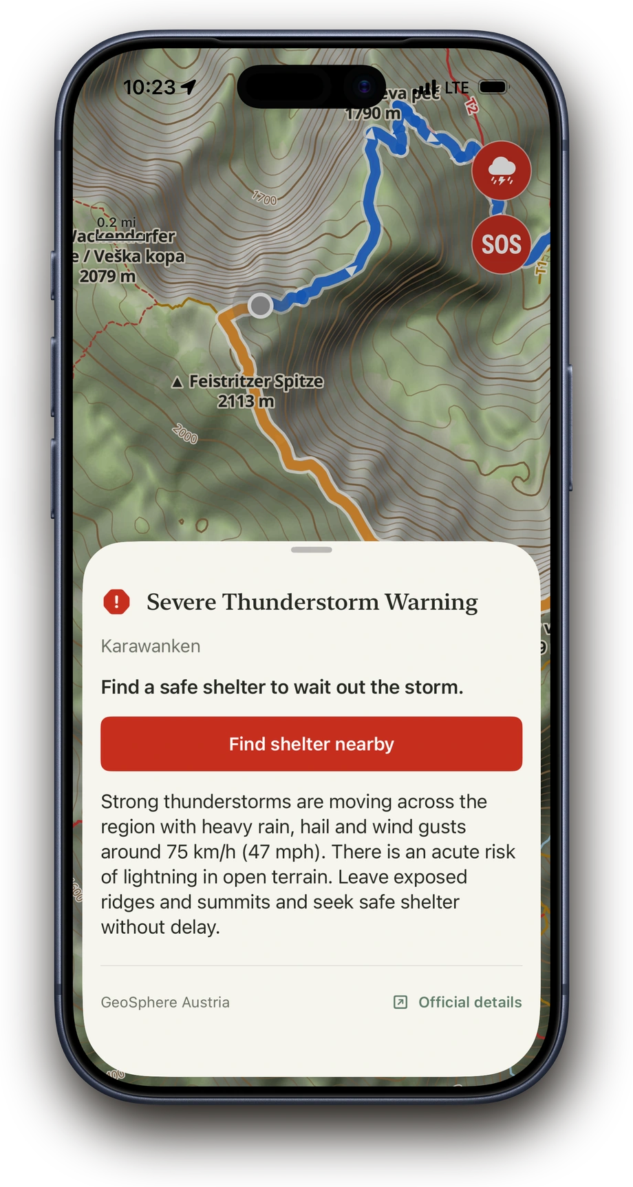 Above showing an en-route severe-weather warning on the map